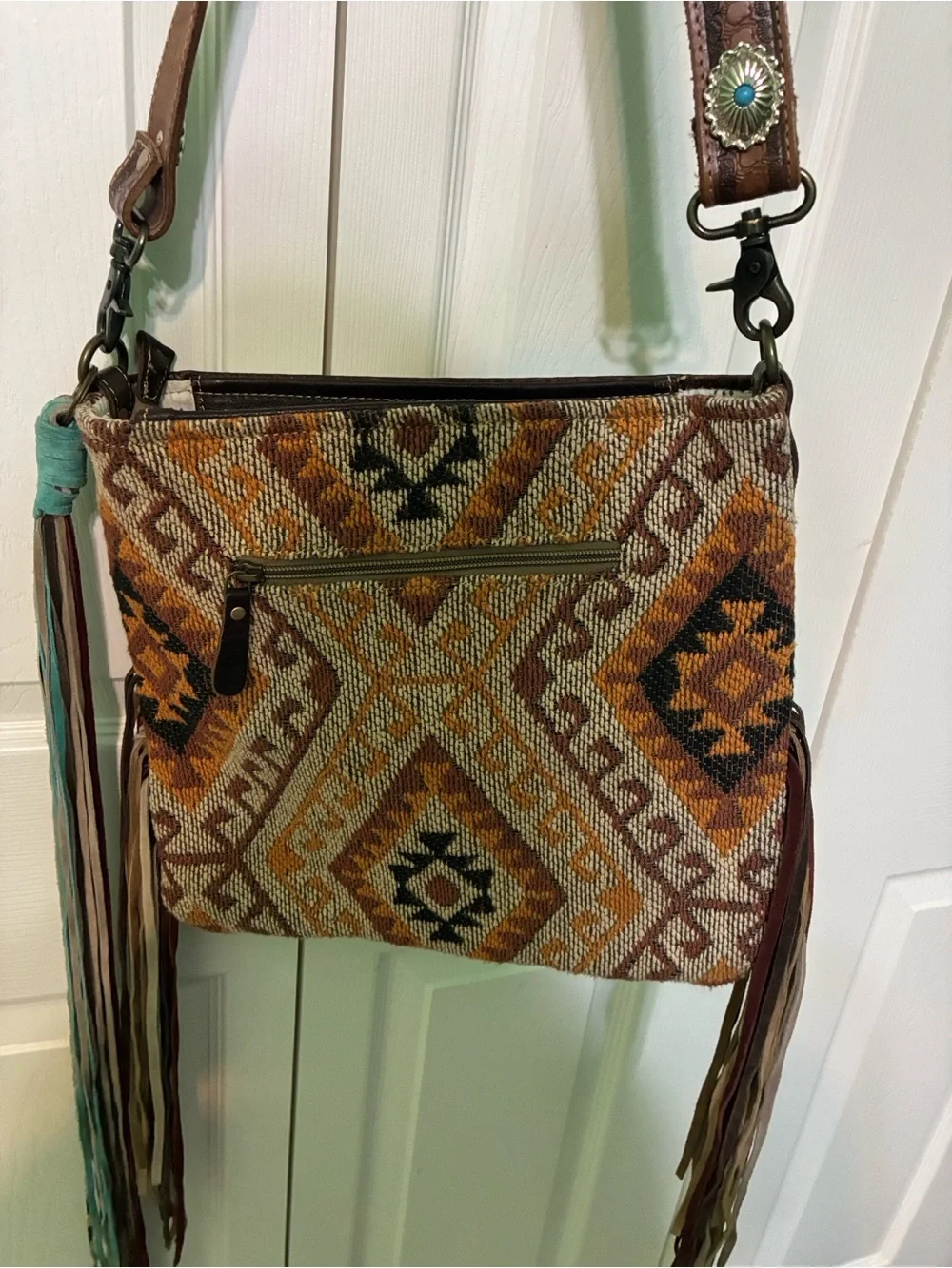 🌟Myra Bag Brown and Tan Southwestern Tapestry Crossbody with Fringe